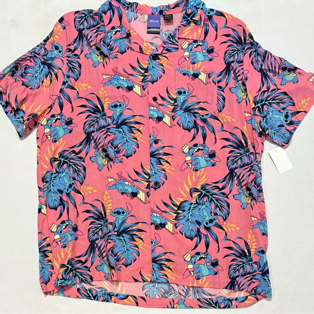 NEW Disney Lilo & Stitch Pink Hawaiian Short Sleeve Camp Button Shirt Mens XXL